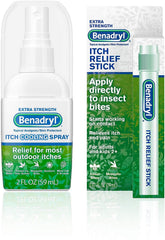 Benadryl spray frontal mostrando envase práctico y alivio rápido