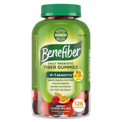 Benefiber frasco frontal Citrus Berry Splash mostrando etiqueta y beneficio de fibra