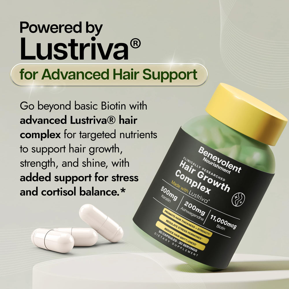 Etiqueta de Benevolent Lustriva con lista de ingredientes y beneficios visibles