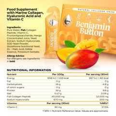 Vial de Benjamin Button sobre fondo con mango indicando sabor natural refrescante