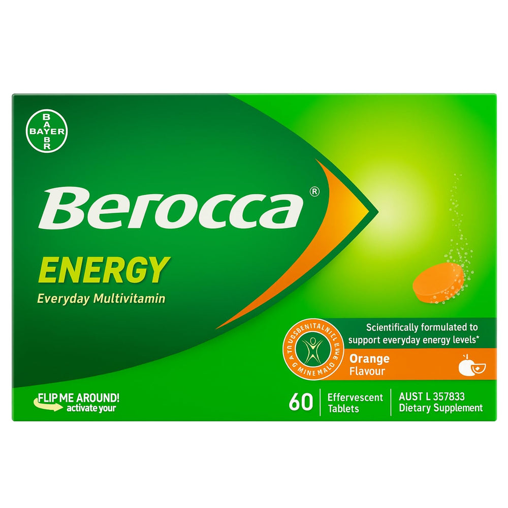Berocca Energy: tableta efervescente naranja disolviéndose en agua para revitalizar tu mañana
