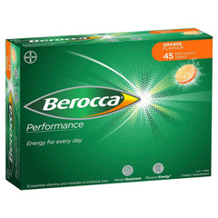 Berocca envase frontal mostrando 45 tabletas y diseño naranja