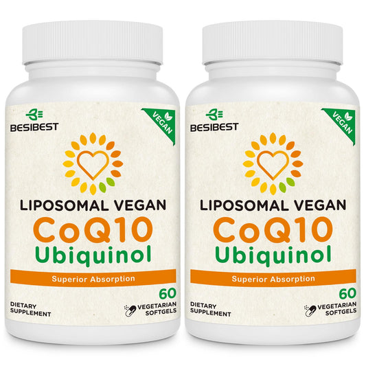 Besibest 1000mg liposomal ubiquinol frasco con etiqueta clara para absorción.