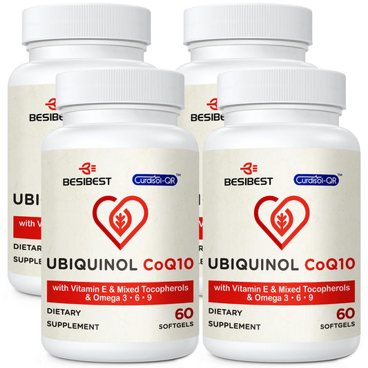 Besibest Ubiquinol CoQ10 600 mg, cápsulas blandas y apoyo energético.