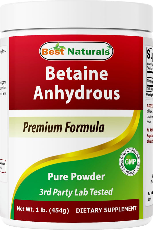 Best Naturals Betaine Anhydrous Powder bottle shows a high-potency daily serving.