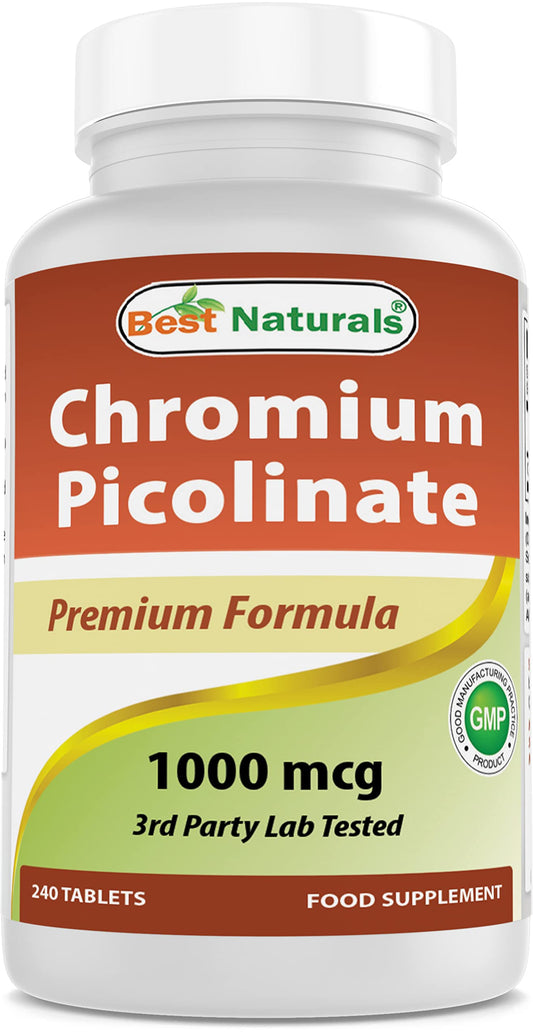Best Naturals Chromium Picolinato, etiqueta frontal, destaca la dosis de 1000 mcg para uso diario