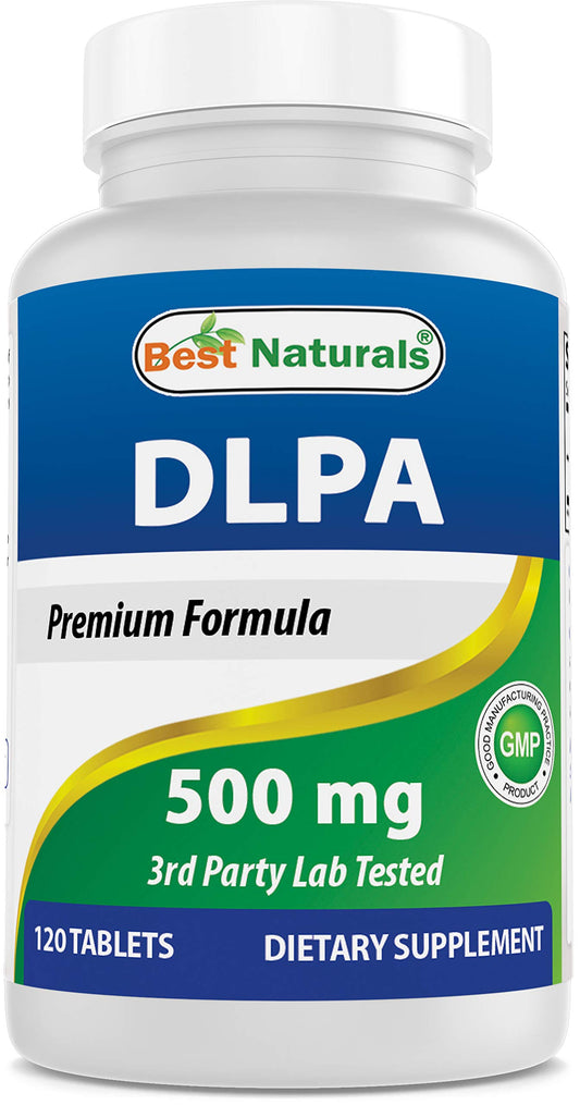 Best Naturals frasco DLPA 500 mg vista frontal, presentación clara y práctica