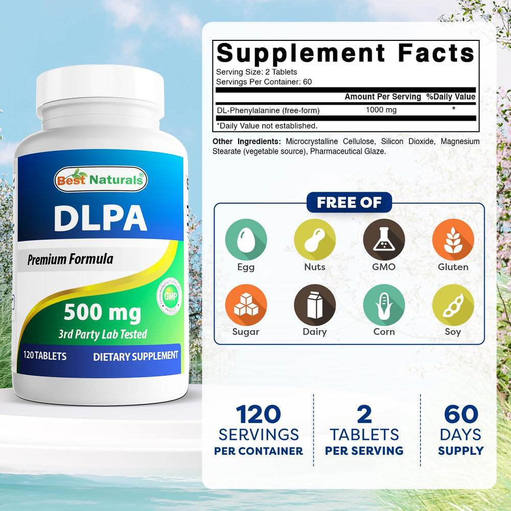 Best Naturals tabletas DLPA mostradas juntas, evidencia de calidad y uniformidad