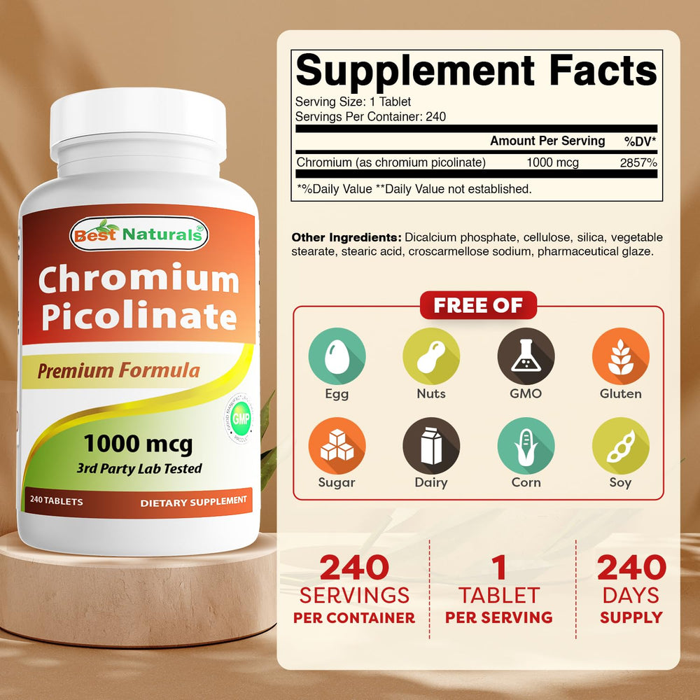 Best Naturals etiqueta detalle con información de cromo picolinato y pureza