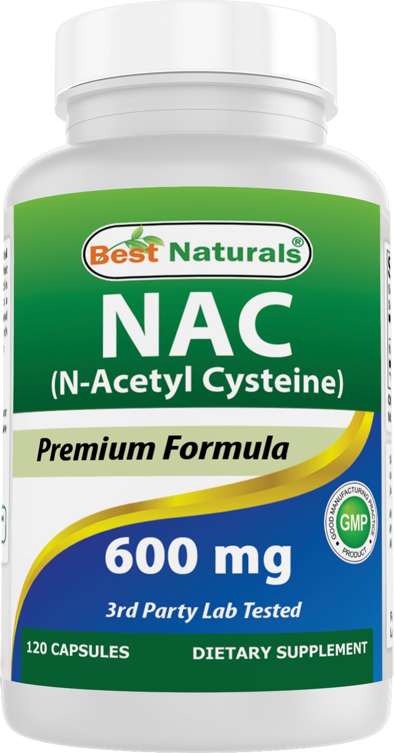 Best Naturals frasco delante NAC 600 mg mostrando etiqueta y beneficios