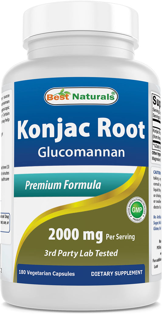 Best Naturals Konjac Root cápsulas, envase práctico que puede ayudar a la saciedad al beber agua.
