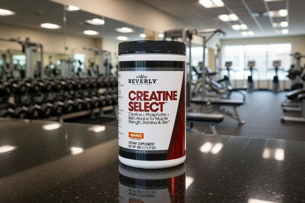 Beverly International Creatine Select bote en mesa junto a otras botellas de Beverly