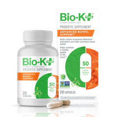 Bio-K+ Advanced Bowel Support bottle on a shelf highlighting 50B CFU potency for gut balance