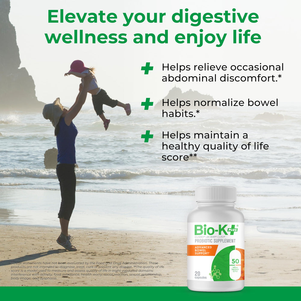 Bio-K+ Advanced Bowel Support delayed-release capsule close-up suggesting gut delivery