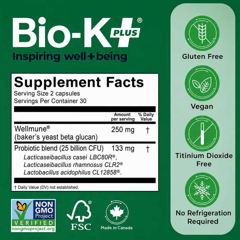 Bio-K Plus botella abierta con cápsulas que muestra contenido y facilidad
