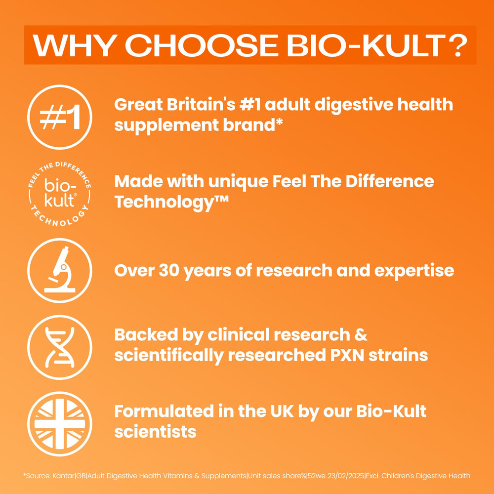 Bio-Kult etiqueta con lista de 14 cepas y beneficios informativos visibles