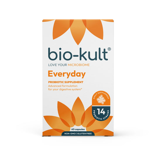 Bio‑Kult frasco frontal mostrando diseño y cantidad para identificación rápida