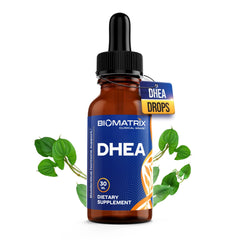 BioMatrix frasco frontal de gotas DHEA mostrando etiquetado claro