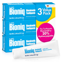 Bioniq tubo frontal mostrando la marca y formato 3.44 oz, beneficio protección del esmalte