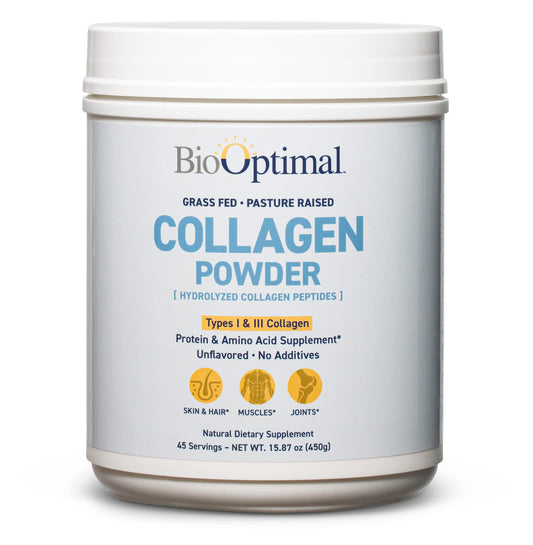 Envase frontal de BioOptimal Collagen Peptides Powder mostrando etiqueta clara y beneficio de 45 porciones