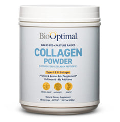 Envase frontal de BioOptimal Collagen Peptides Powder mostrando etiqueta clara y beneficio de 45 porciones