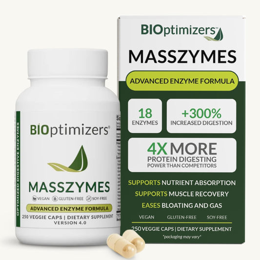 BiOptimizers frasco MassZymes frente mostrando etiqueta y beneficio digestivo