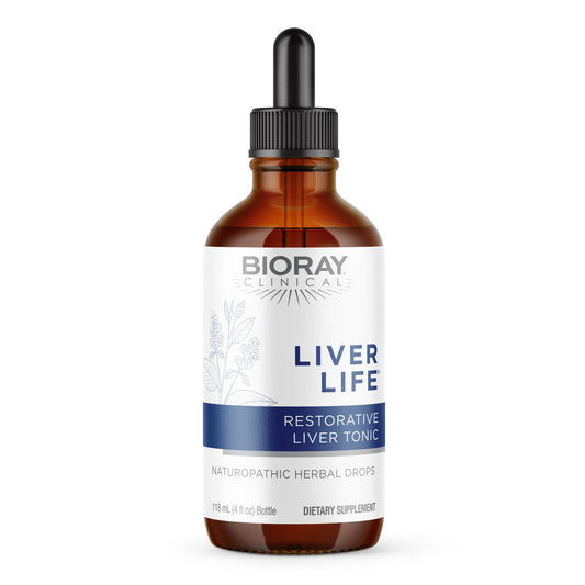 BIORAY Clinical Liver Life: botella con gotero para dosis diarias y apoyo al bienestar hepático.