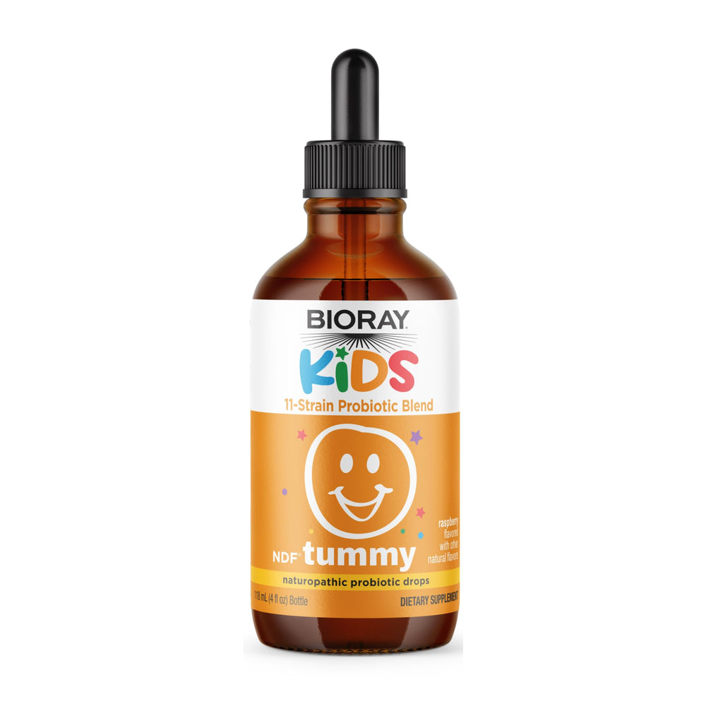 BIORAY Kids NDF Tummy frasco frambuesa: apoyo potencial a la salud gastrointestinal infantil.
