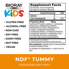 BIORAY Kids NDF Tummy frasco frambuesa: etiqueta visible destacando mezcla probiótica.