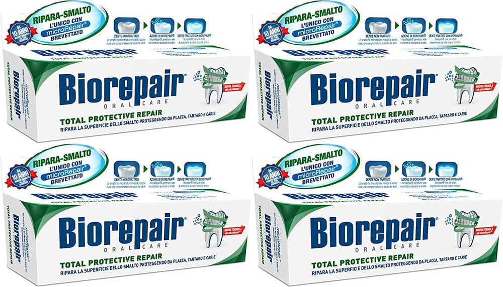 Biorepair frente del tubo paquete de cuatro mostrando el envase italiano y protección del esmalte