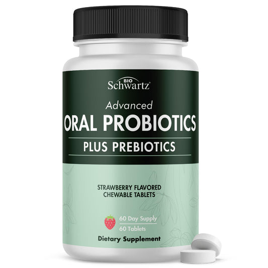 BioSchwartz oral probiotics packaging with strawberry chewables for fresher breath