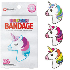 BioSwiss empaque frontal mostrando 24 curitas unicornio y beneficio de protección