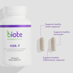 Biote HER-T cápsula en mano indicando facilidad de ingestión