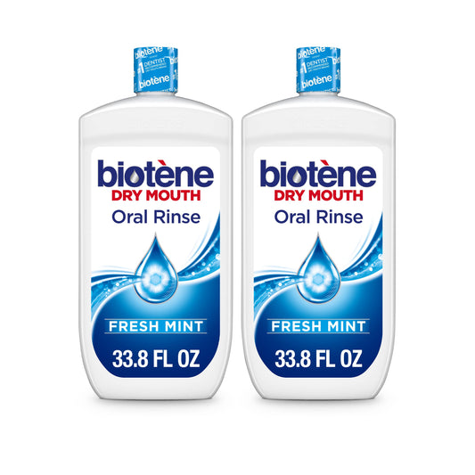 Biotene pack frontal mostrando las dos botellas y beneficio de alivio