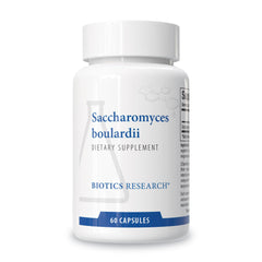 Biotics Research frontal del envase que muestra Saccharomyces boulardii y beneficios