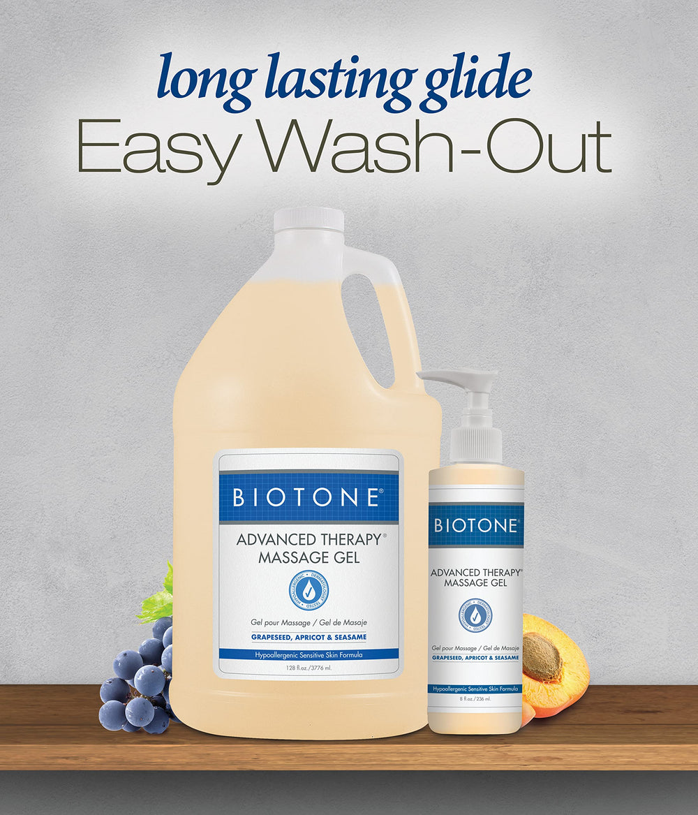 BIOTONE gel en uso por terapeuta durante masaje, mejora la fluidez del tratamiento
