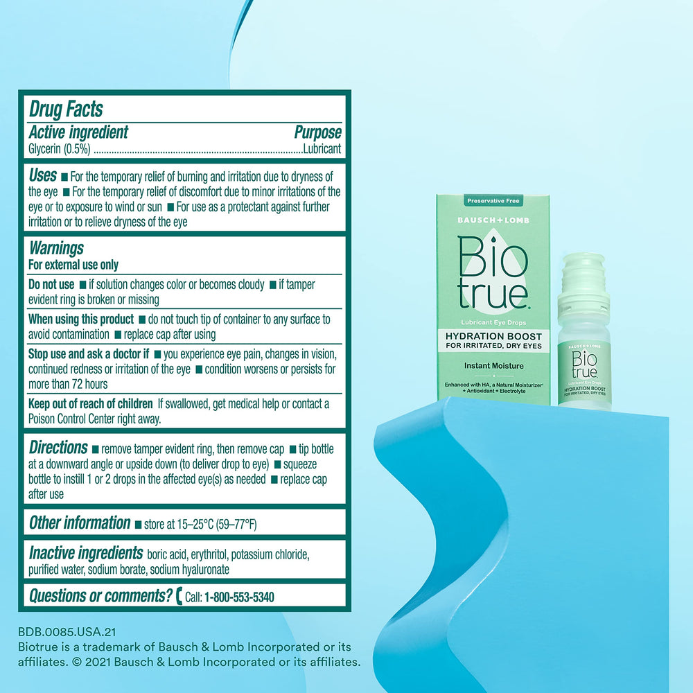Botella Biotrue en bolso en escena cotidiana para alivio de ojos secos fuera de casa