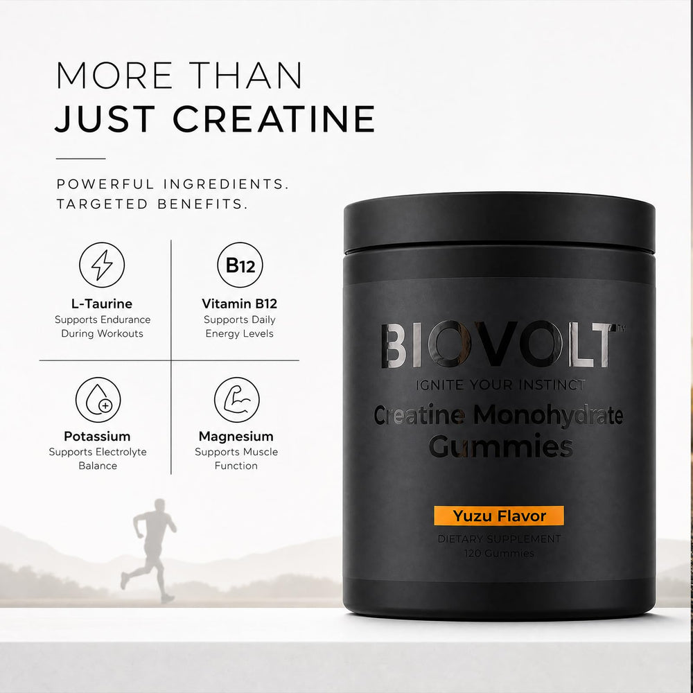 Etiqueta BIOVOLT con información de dosificación 4 gomitas = 5000 mg creatina