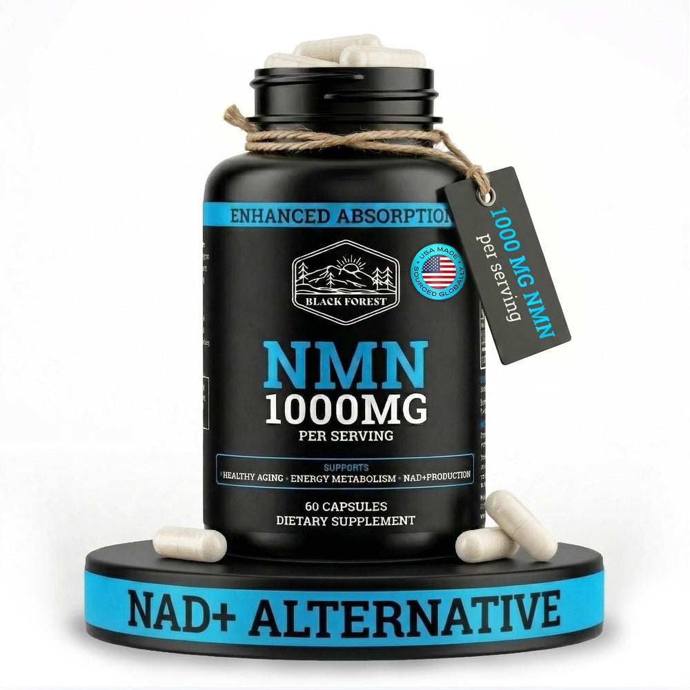 Black Forest frasco frontal mostrando NMN 1000 mg y envase sellado como protección
