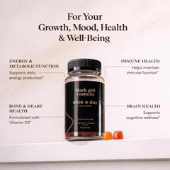 Black Girl Vitamins close-up de textura de gomita que atrae sabor fresa