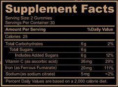 Black Girl Vitamins etiqueta nutricional destacando 20 mg de hierro por porción