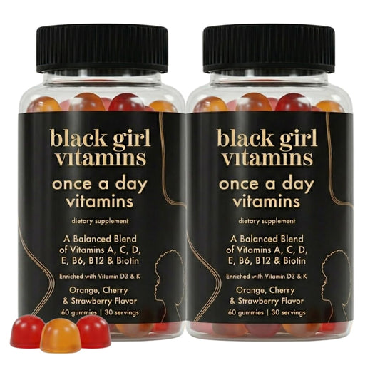 Black Girl Vitamins envase frontal con diseño y beneficio de conveniencia