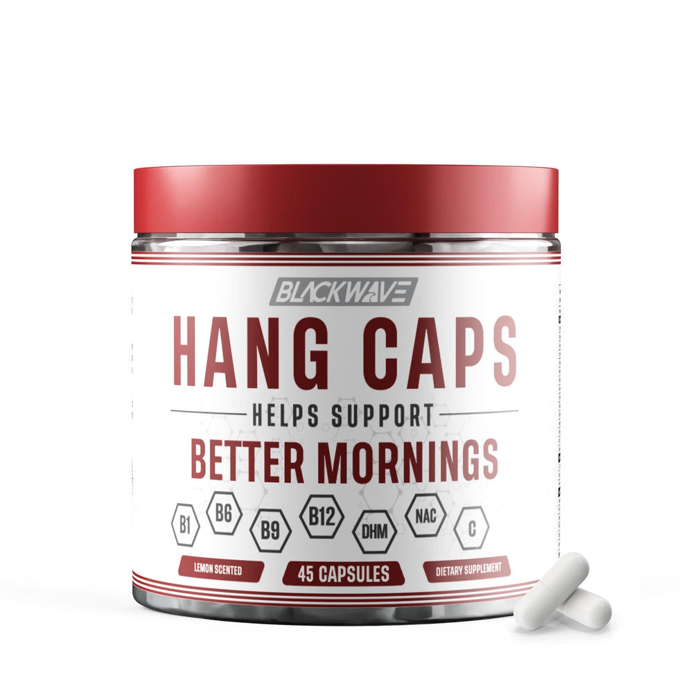 BlackWave Hang Caps, ingredientes DHM visibles para apoyo ligero al despertar.