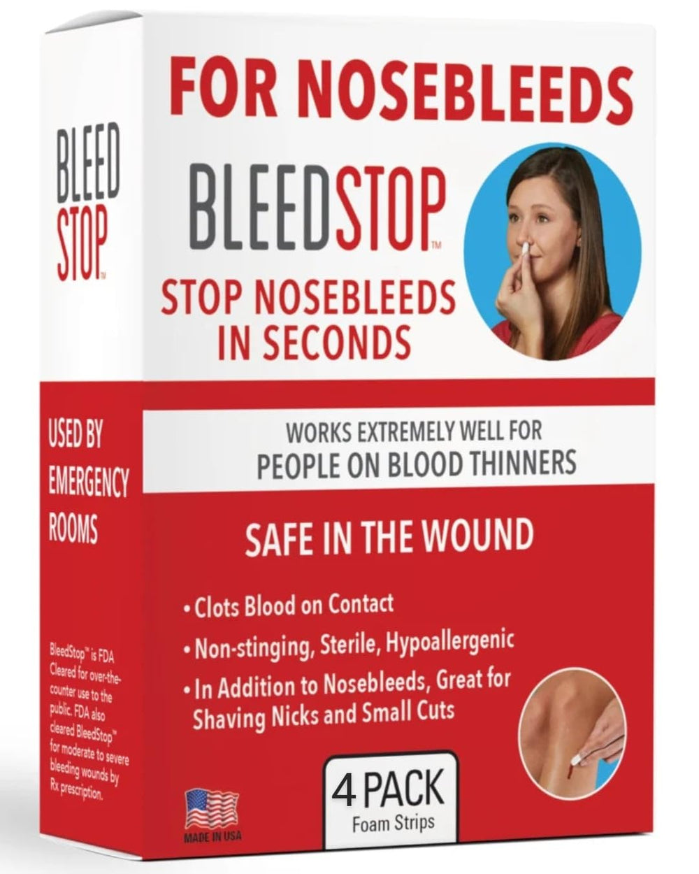 BleedStop empaque frontal mostrando tirillas nasales, control rápido del sangrado