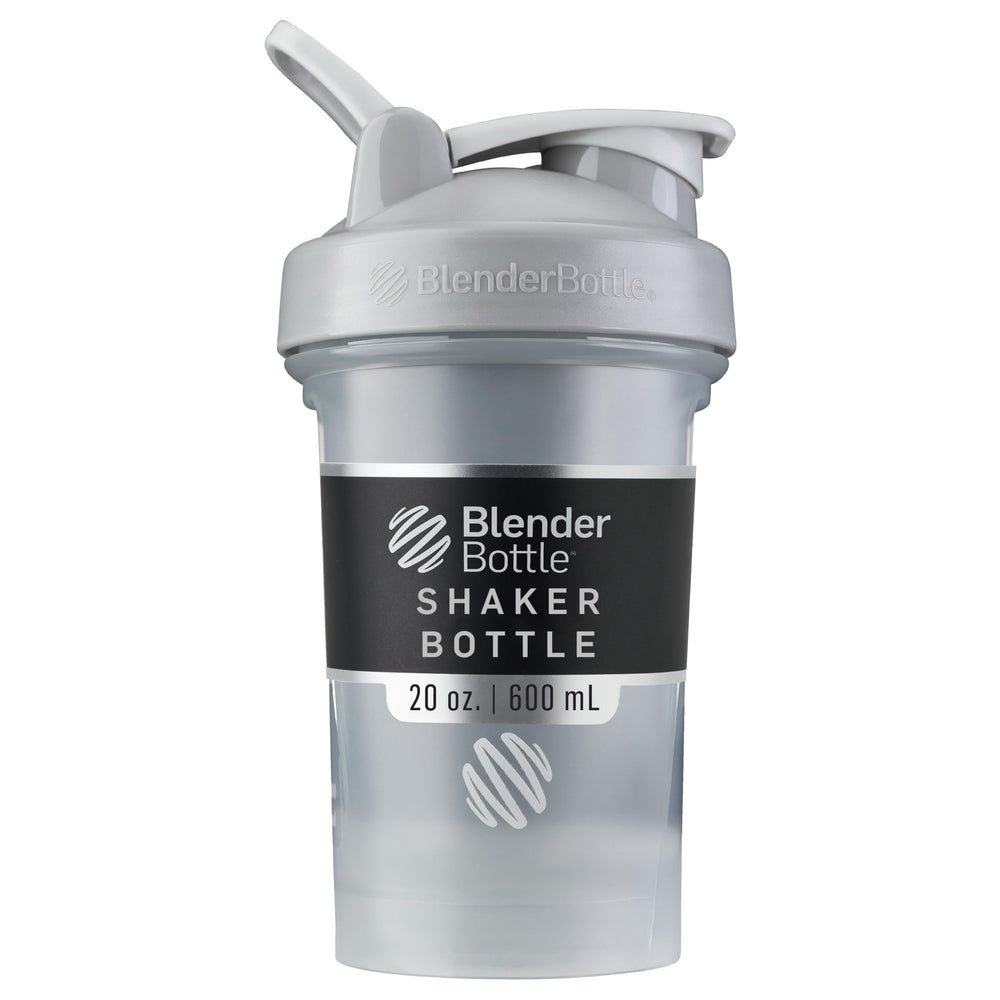 BlenderBottle vista frontal Pebble Grey con cierre hermético y diseño ergonómico