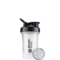 BlenderBottle frontal transparente y negro mostrando diseño y capacidad
