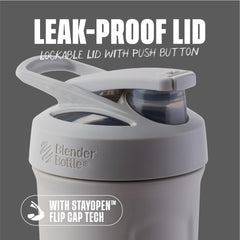 BlenderBottle primer plano de tapa con botón y cierre a prueba de fugas