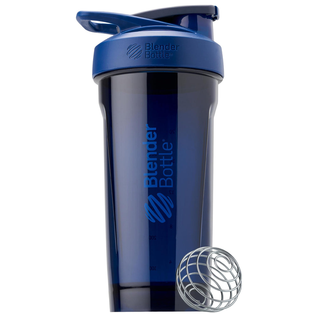 BlenderBottle vista frontal con tapa azul y cierre seguro, ideal para llevar