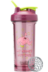 BlenderBottle frontal en rojo mostrando diseño SpongeBob y capacidad 28 oz, apariencia duradera