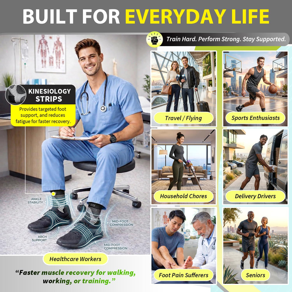 BLITZU calcetín puesto en pie mostrando alivio y movilidad diaria